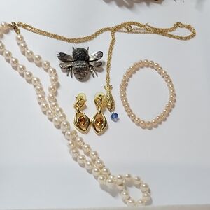 Silver-Tone Bee Brooch & Pearl Jewelry Set - Cream Pearls, Gold Tone Accents